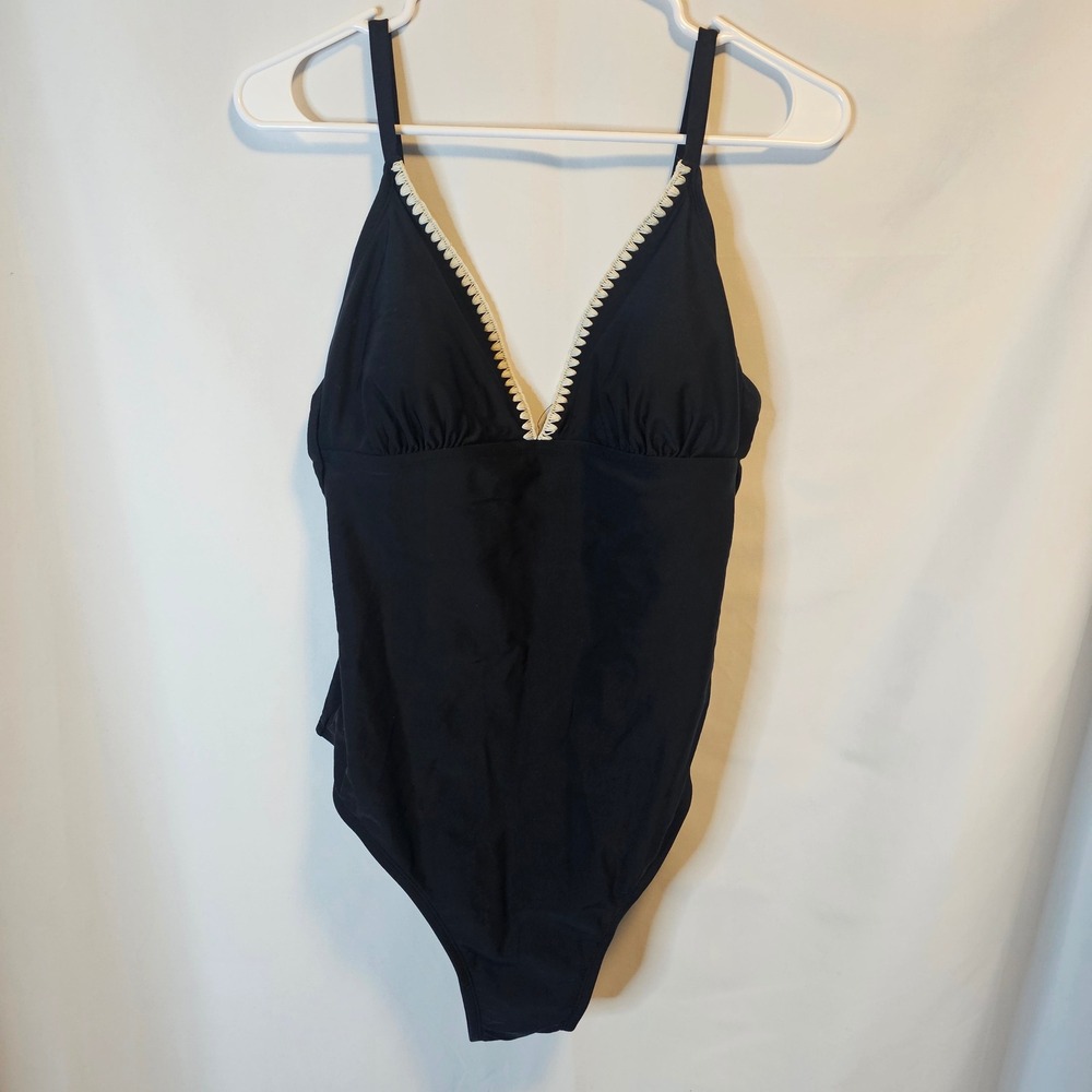 Kona Sol One‎ Piece Swimsuit Large Black Embroidered Trim Minimalist Chic